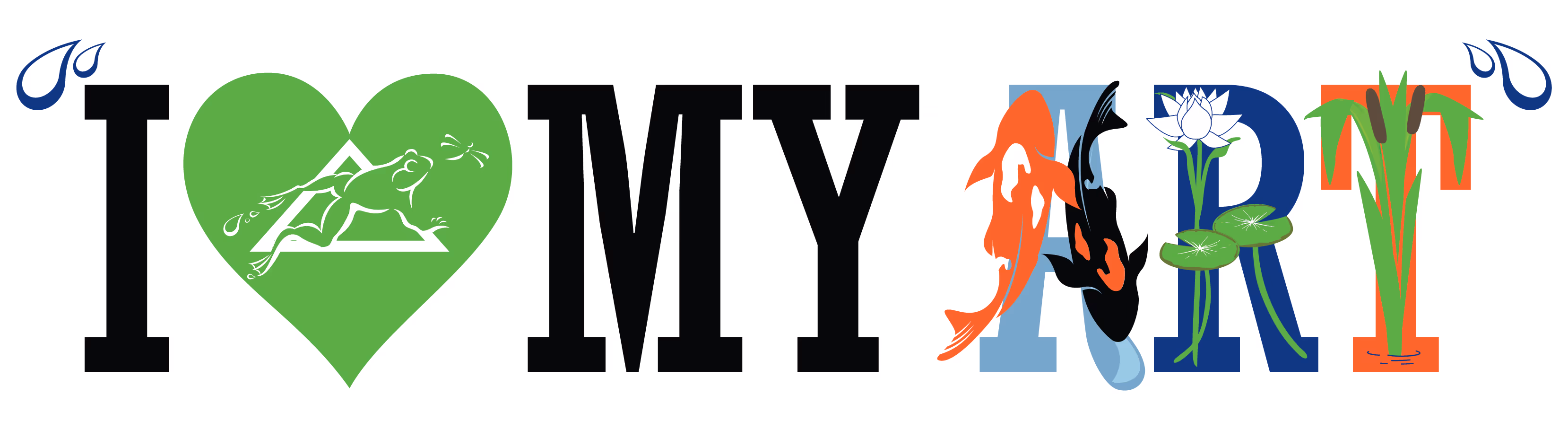 Illustration of the phrase 'I love my ART' with nature-themed letters, including a frog on a green heart, koi fish on the letter A, a lotus flower on the letter R, and cattails on the letter T.