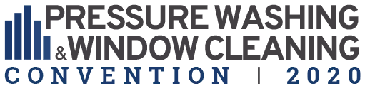 Logo for the Pressure Washing and Window Cleaning Convention 2020 featuring blue building-like bars and bold blue text.