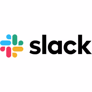Slack logo with multicolored hashtag-like symbol and black text.