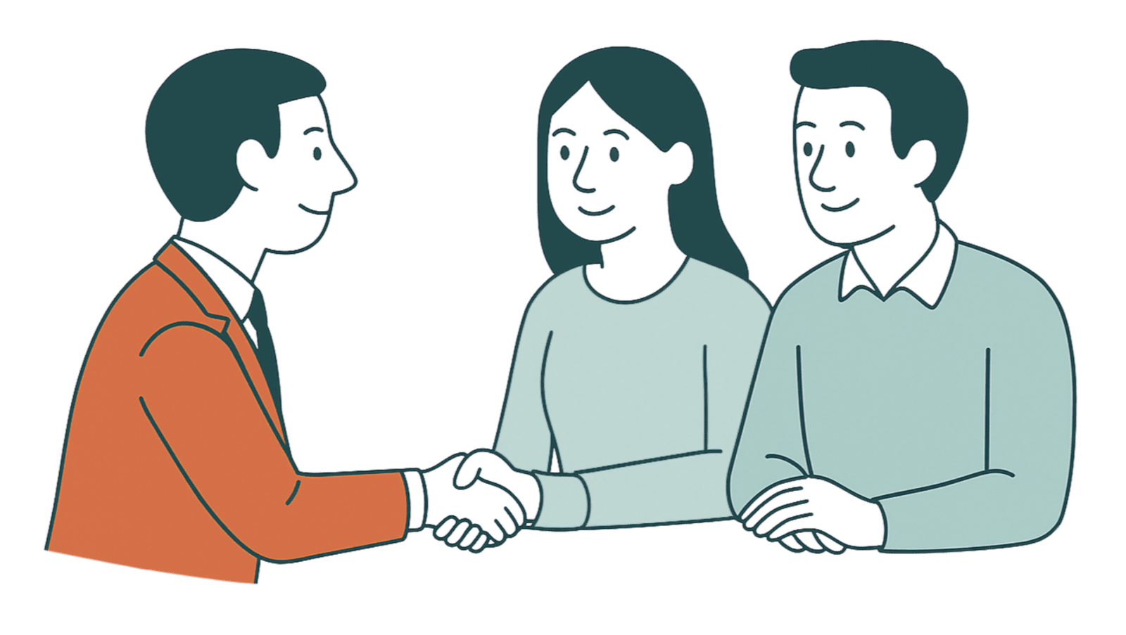 Un homme en veste orange serre la main d'une femme, accompagnée d'un homme, représentant une interaction professionnelle ou un accord.