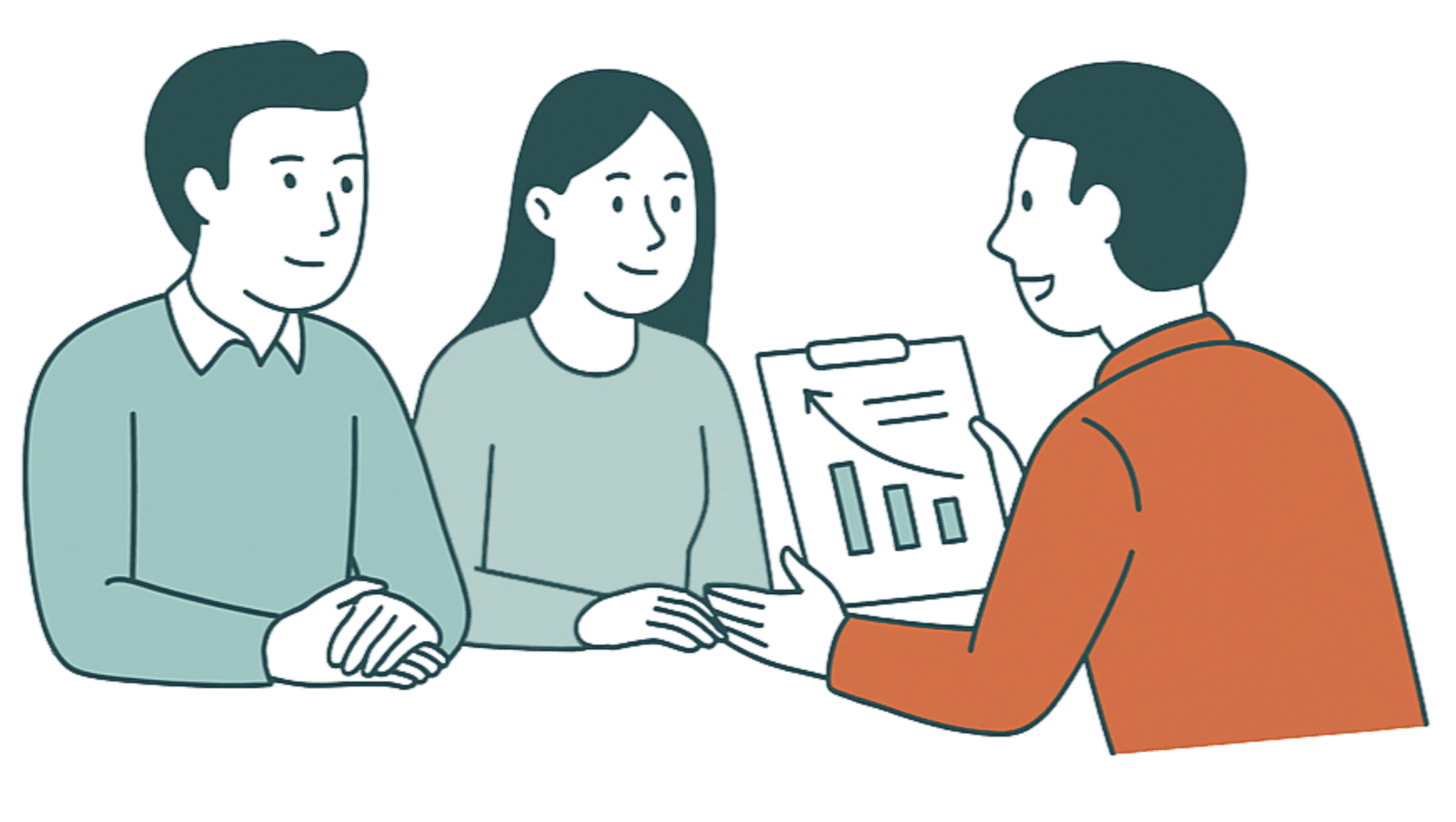 Trois personnes en réunion, un homme en chemise orange présente un graphique à barres à un couple.