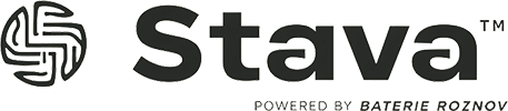 Stava logo with a circular emblem composed of interconnected lines to the left and text reading ‘Stava Powered by Baterie Roznov’.