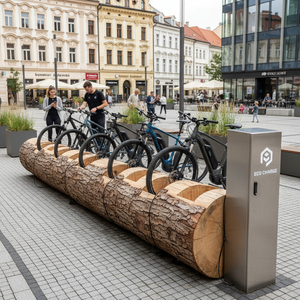Electric bicycles parked and charging in a log-style bike rack with an Eco Charge station in a city square.