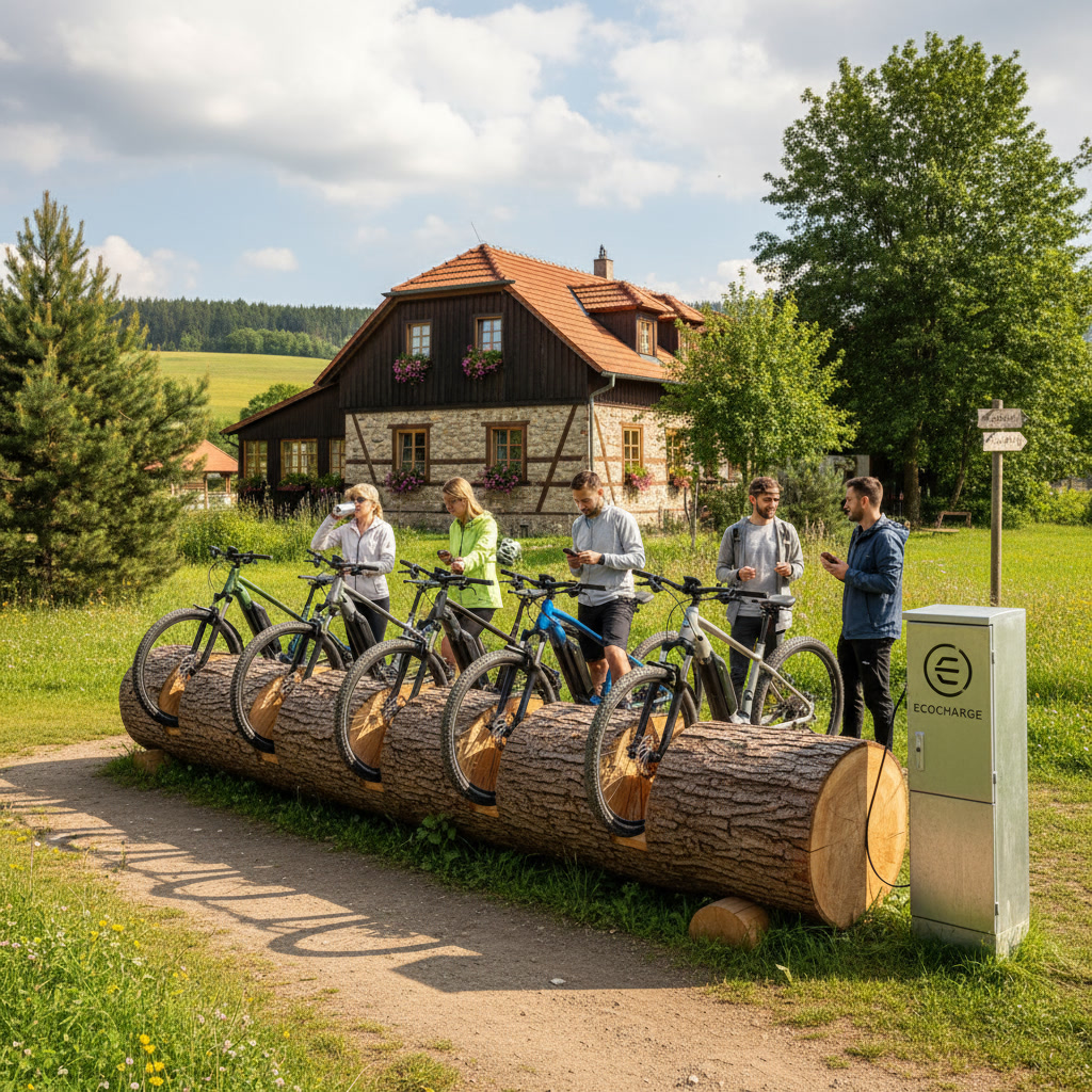 Five people standing next to electric bikes mounted on large wooden logs with an EcoCharge charging station in a rural setting with a house and trees in the background.