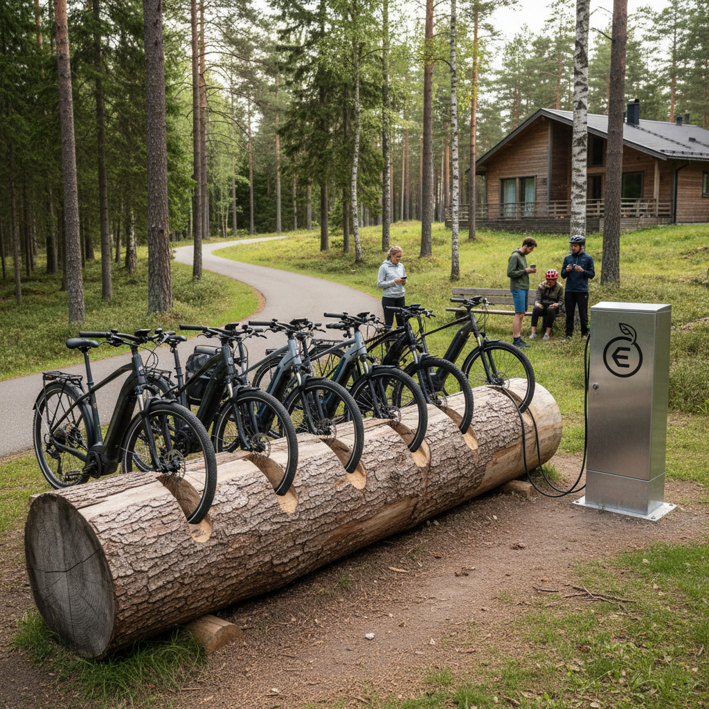 Six electric bikes locked to a wooden bike rack made from a large log in a forested area near a modern wooden house, with three people standing and sitting nearby.