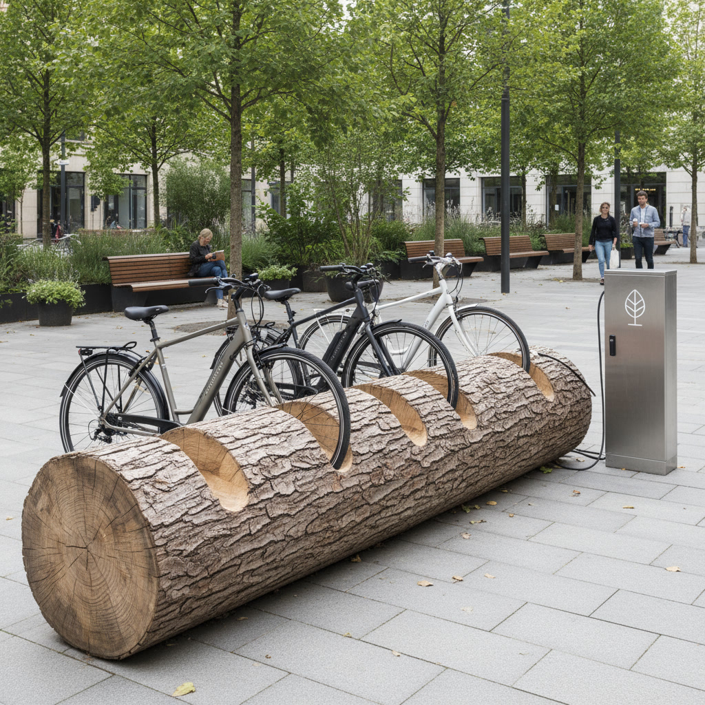 Three bicycles parked on a large log bike rack in an urban plaza with trees and benches.