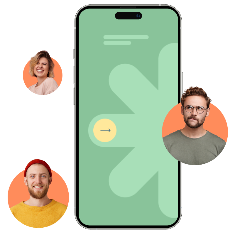 Smartphone with a green screen displaying a large abstract shape and an arrow button, surrounded by three smiling faces with orange circular backgrounds.