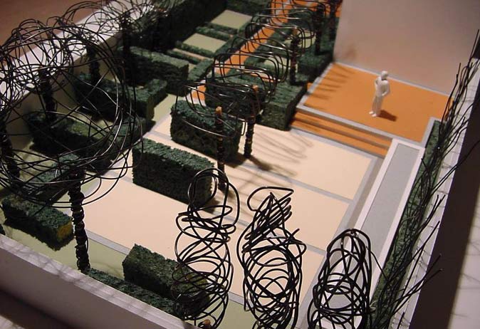 Landscape architecture model showing formal hedge planting, geometric beds, wire-form trees, and an orange terrace area.