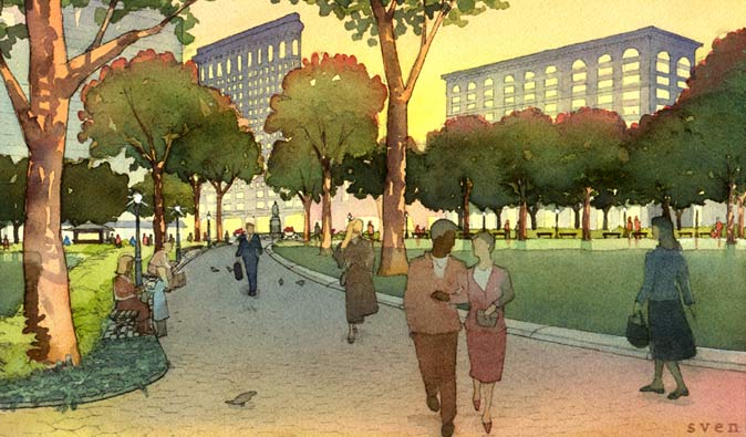 Watercolor rendering of a paved park path lined with trees, people walking, and historic buildings in the distance.
