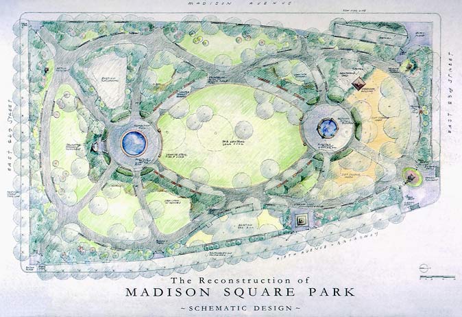 Hand-drawn schematic plan for the Reconstruction of Madison Square Park, showing pathways & green space.