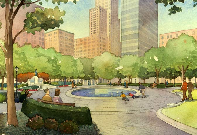 Watercolor rendering of the park's reconstructed circular fountain area with trees and skyscrapers in the background.