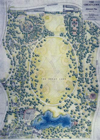 Schematic plan of Central Park's Great Lawn showing baseball diamonds, trees, paths, and the Conservatory Water.