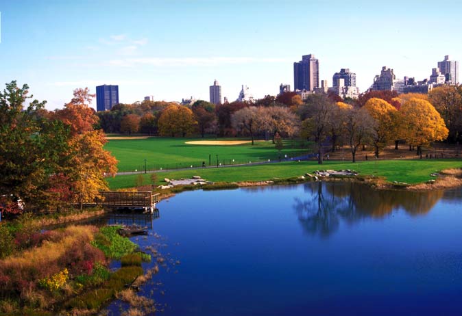Wide view of a park pond, green Great Lawn, colorful autumn trees, and the Manhattan skyline in the background.