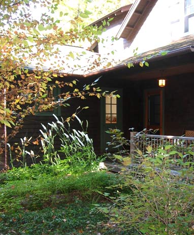 Side view of a dark shingled cabin porch framed by bright foliage, with tall white plume flowers in the foreground.