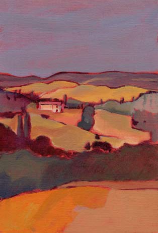 Abstract painting of a Tuscan meadow landscape with golden rolling hills, a farmhouse, and a purple-toned sky.