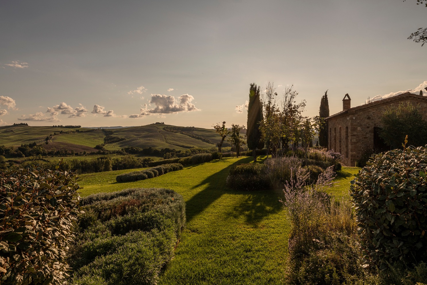 Golden hour view of a rolling green lawn with sculpted hedges and lavender borders near a stone house.