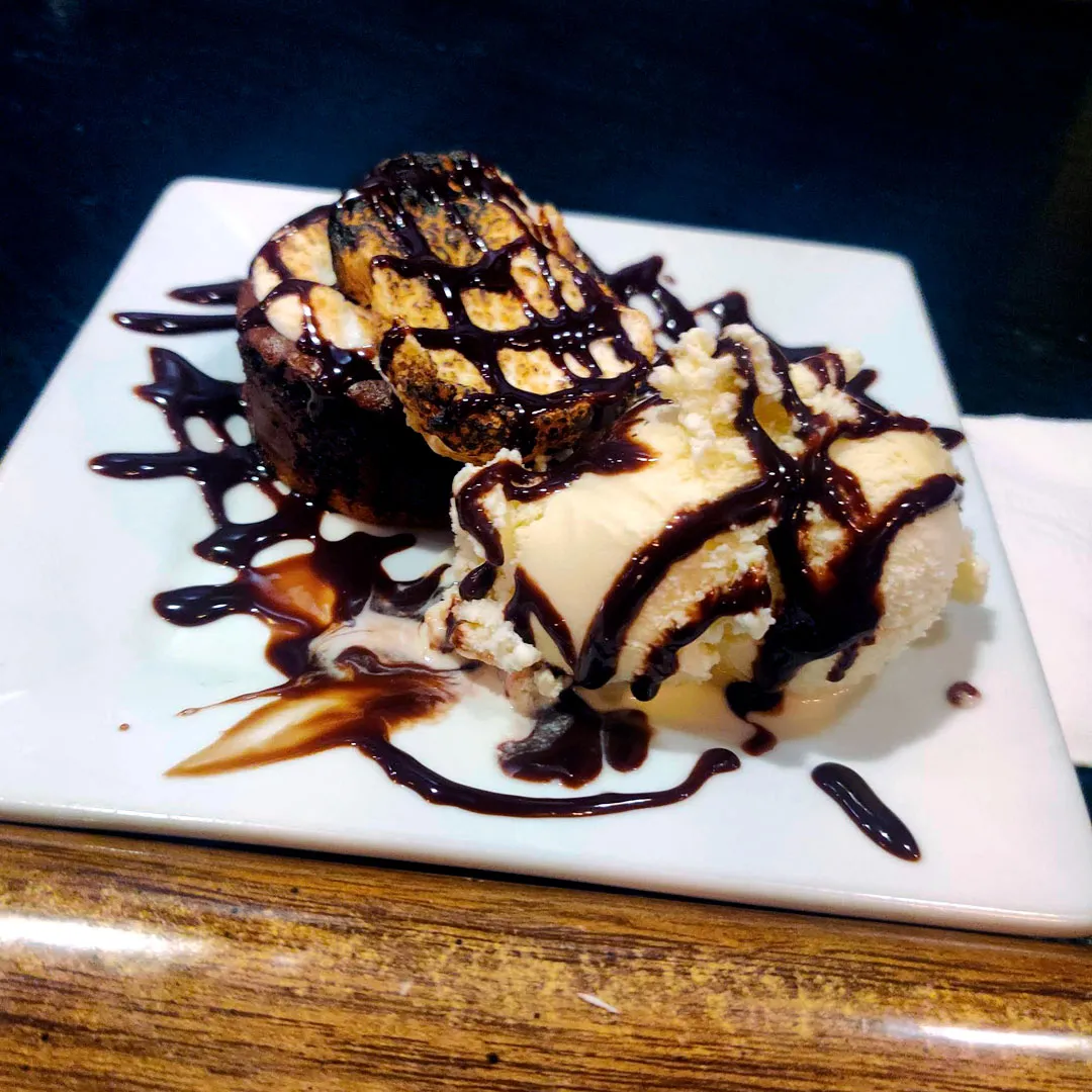 Dessert with chocolate browny and vanilla ice cream