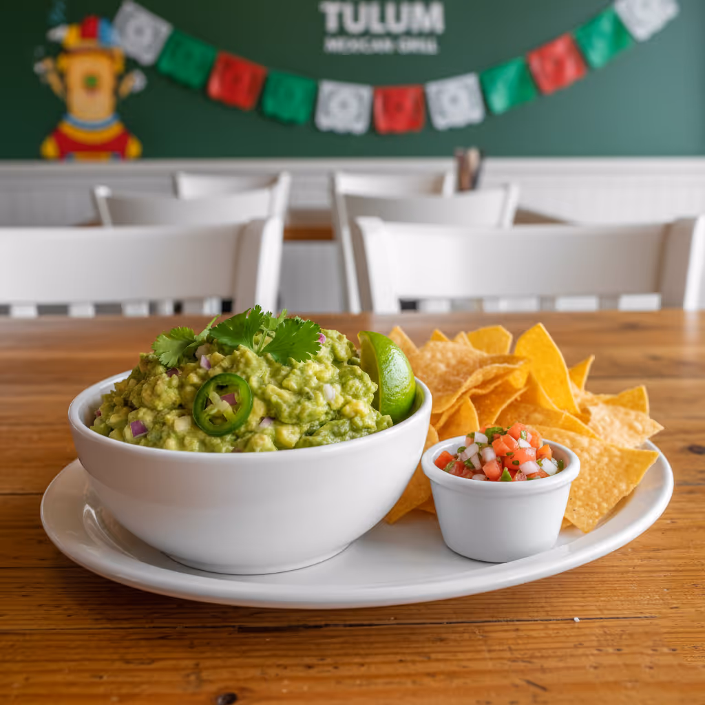 A bowl of guacamole sits on a table with chips and a sign that says Tullum Mexican Grill.