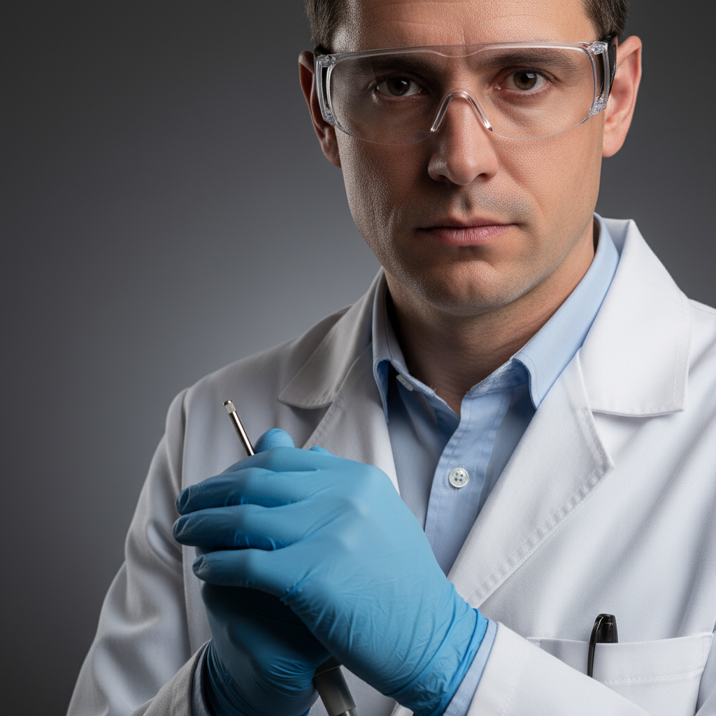 Male scientist or doctor wearing protective goggles, blue gloves, and a white lab coat holding a small tool.