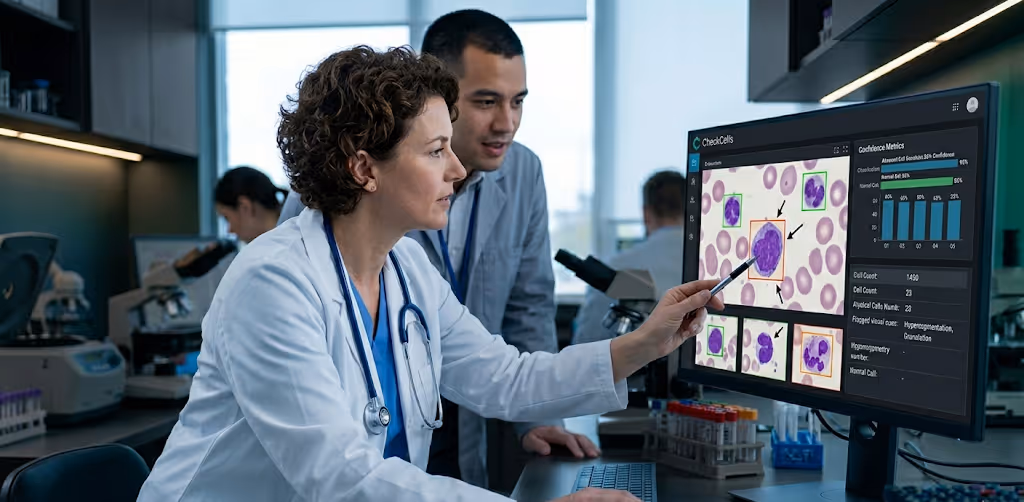 people in coats looking at computer monitor