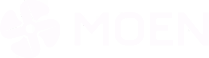 Moen logo with stylized four-petal flower symbol.