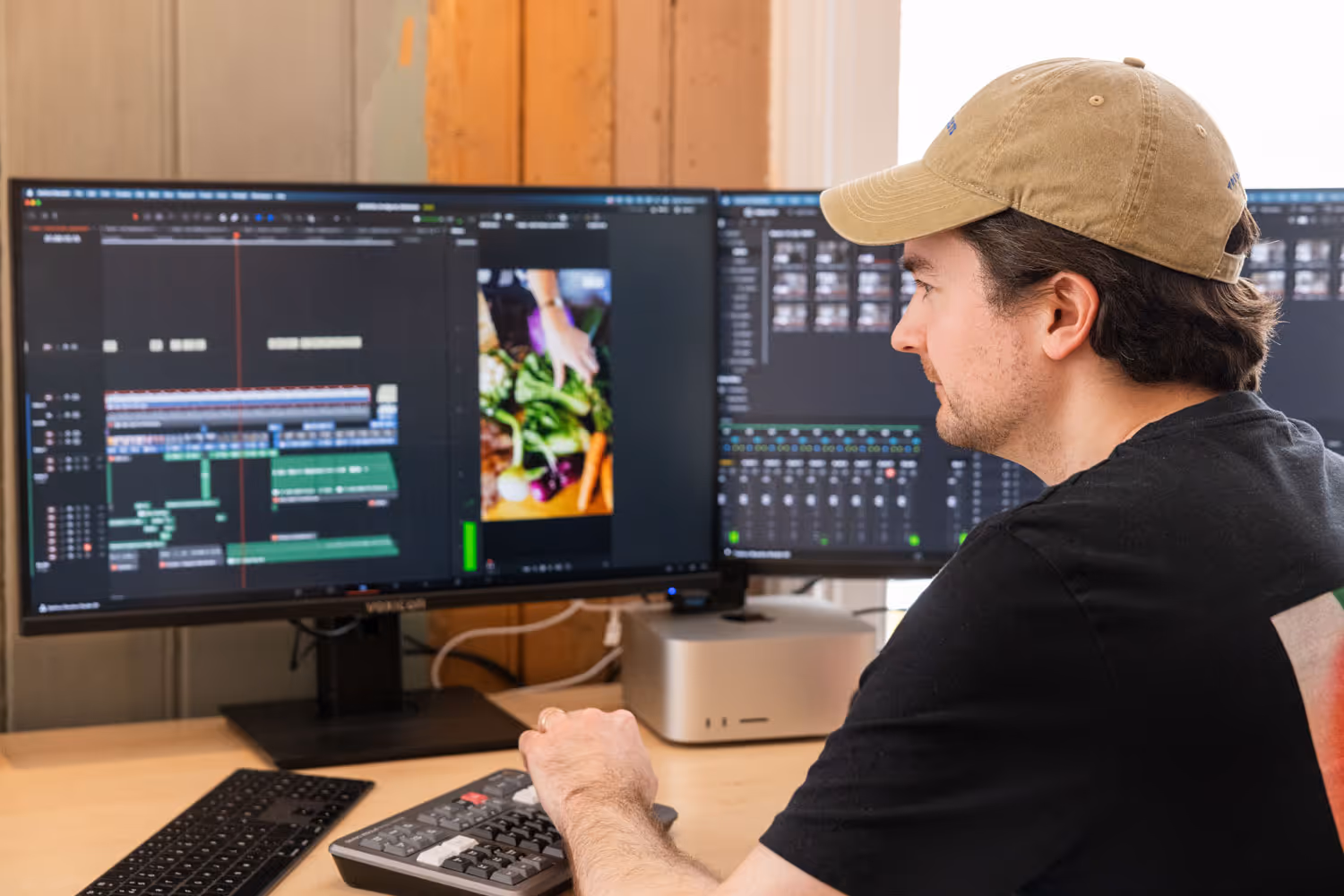 Mann med caps som redigerer video på en datamaskin med doble skjermer, som viser videoredigeringsprogramvare.