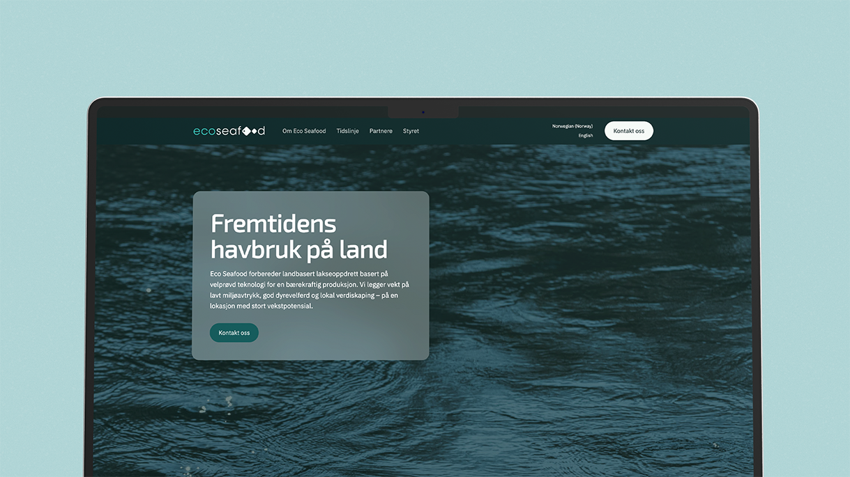 Skjermbilde av Eco Seafood nettside som beskriver bærekraftig landbasert lakseoppdrett med fokus på lavt miljøavtrykk og god dyrevelferd.