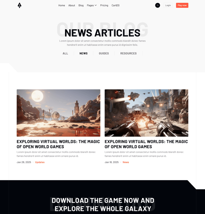 Player X - Blog Category Main Page - Videogame Webflow Template