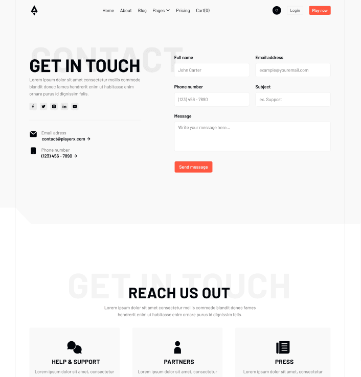 Player X - Contact V1 Main Page - Videogame Webflow Template