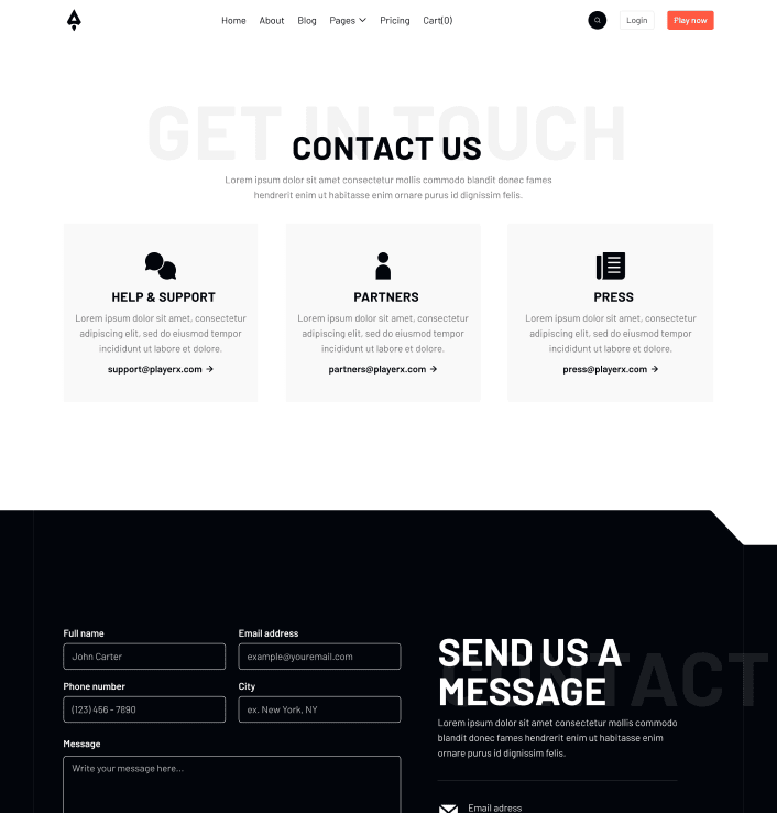 Player X - Contact V3 Main Page - Videogame Webflow Template
