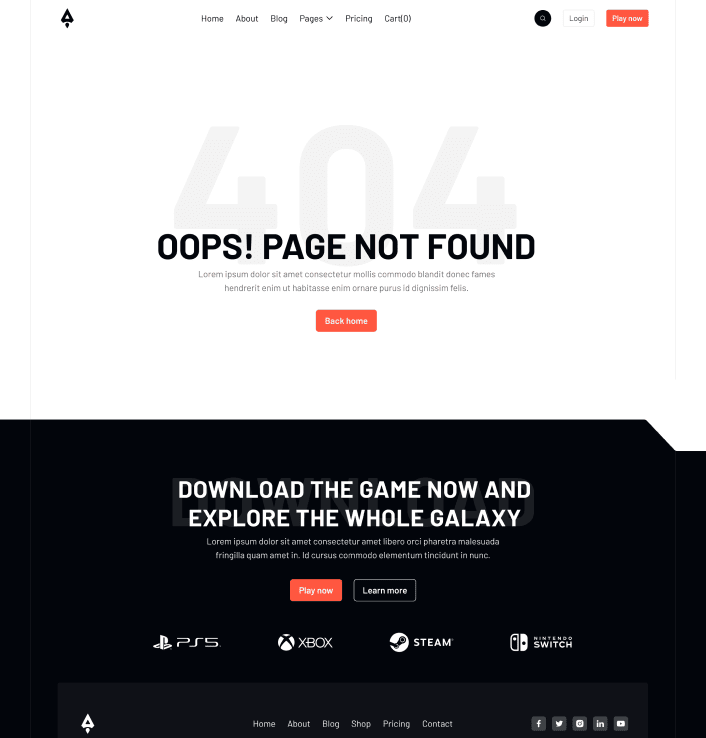 Player X - 404 Not Found Utility Page - Videogame Webflow Template