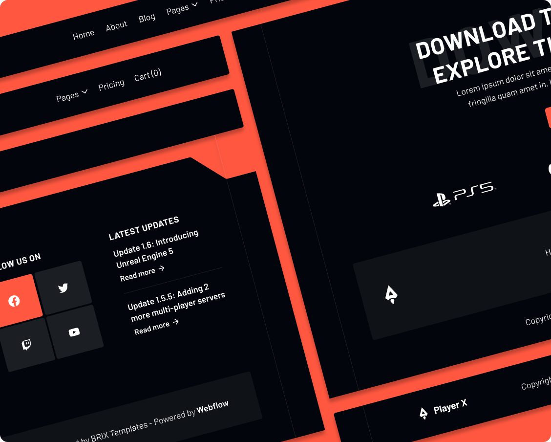 Player X - 3 Headers And Footers - Videogame Webflow Template