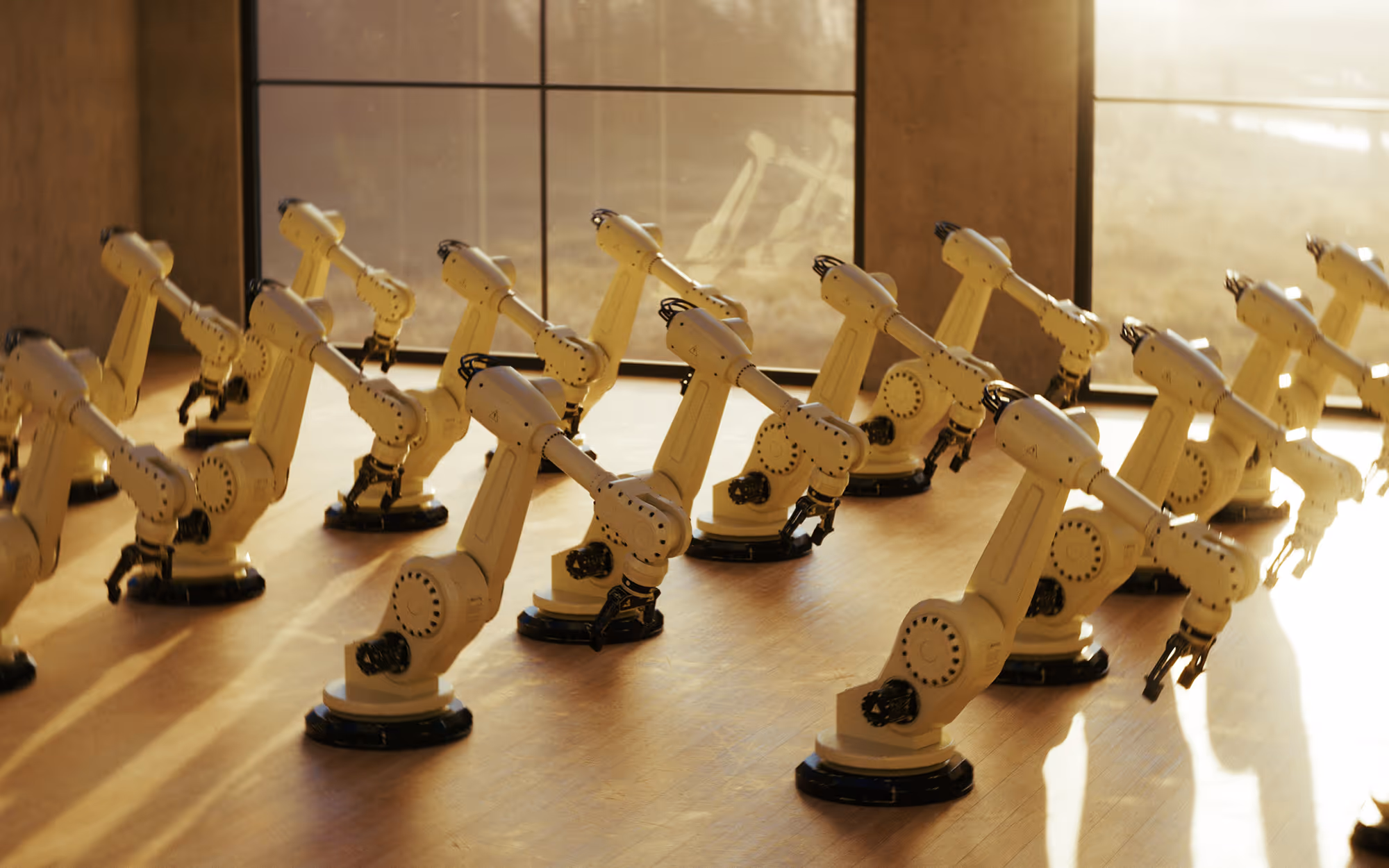 Multiple white robotic arms arranged in rows on a wooden floor in a sunlit room with large windows.