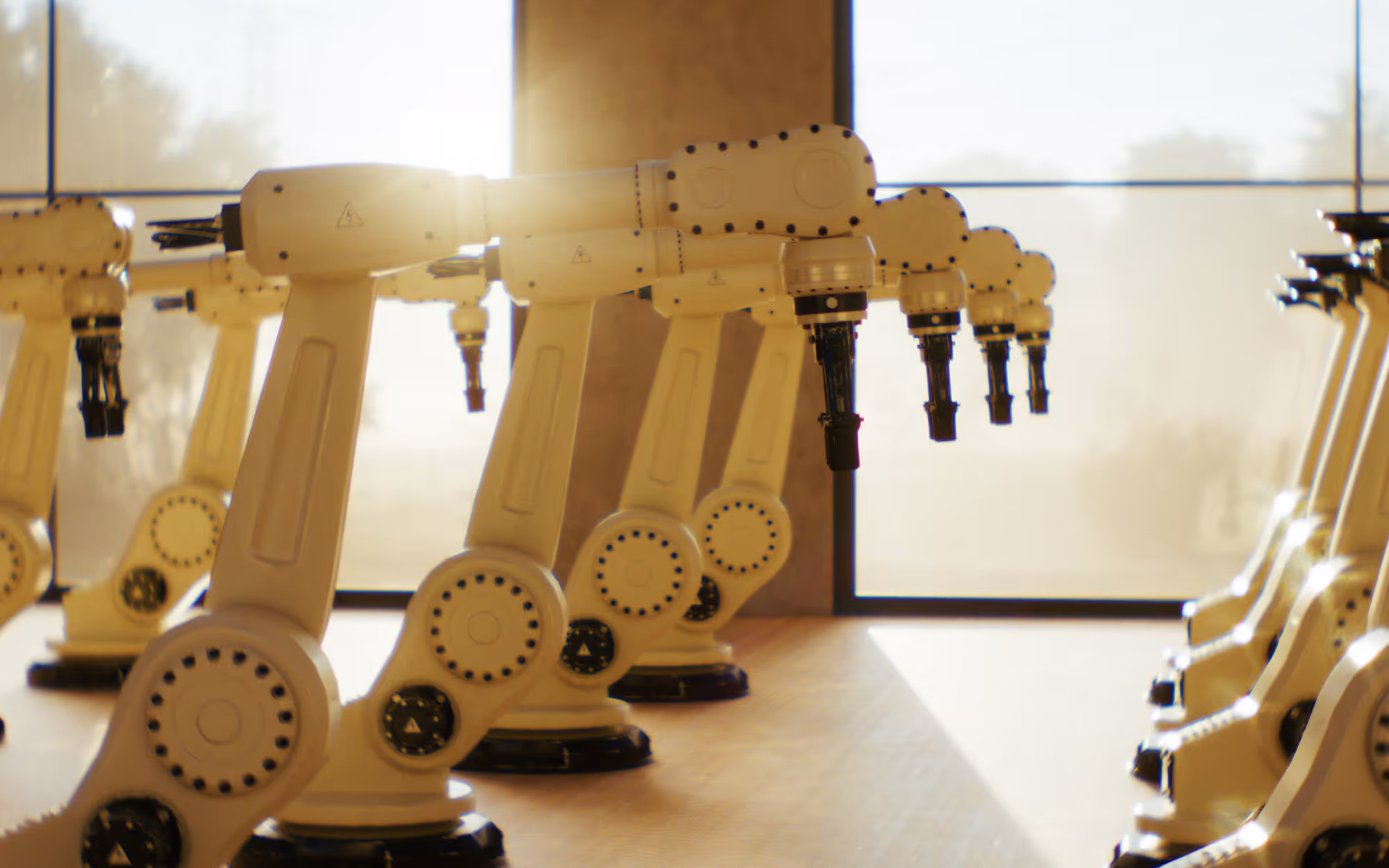 Rows of industrial robotic arms lined up in a bright factory setting with sunlit windows.