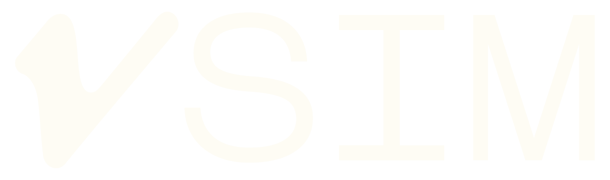 VSIM company logo with a stylized V and letters SIM in light color on transparent background.
