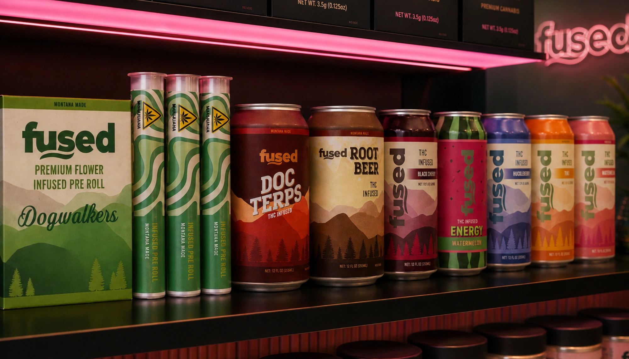 Shelf display of various fused THC-infused cannabis products including pre-rolls and beverages.