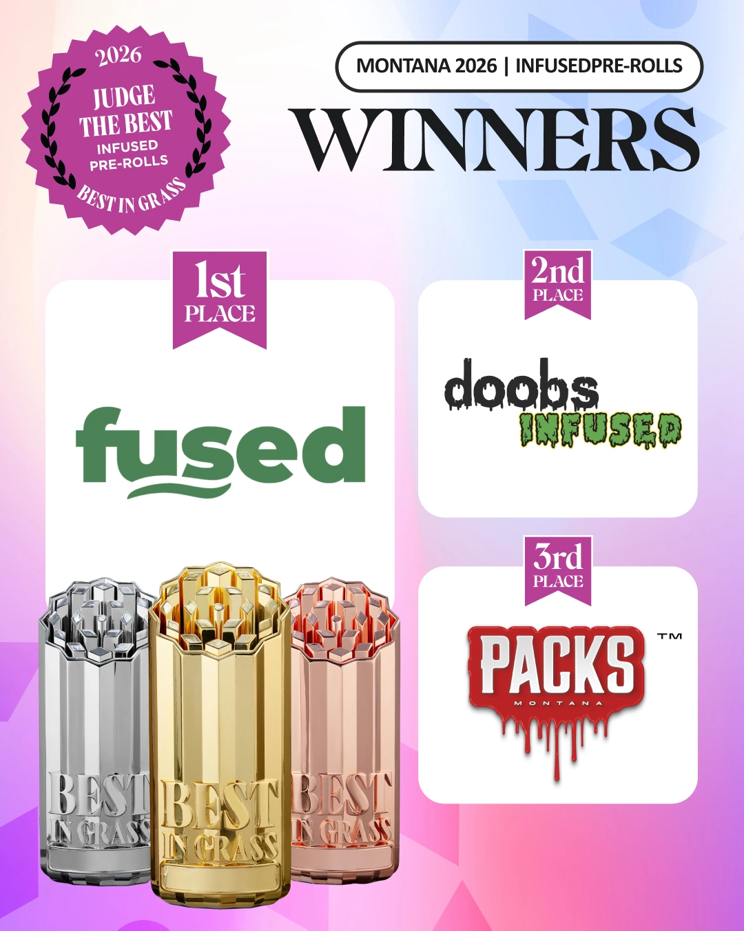 Montana 2026 infused pre-rolls winners: 1st Fused, 2nd Doobs Infused, 3rd Packs Montana with trophies.