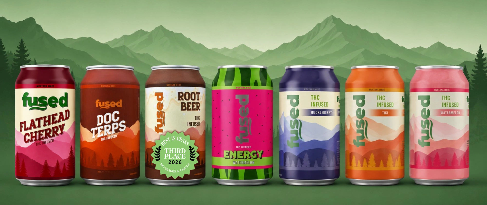 Seven colorful Fused THC-infused drink cans in different flavors set against green mountain background.