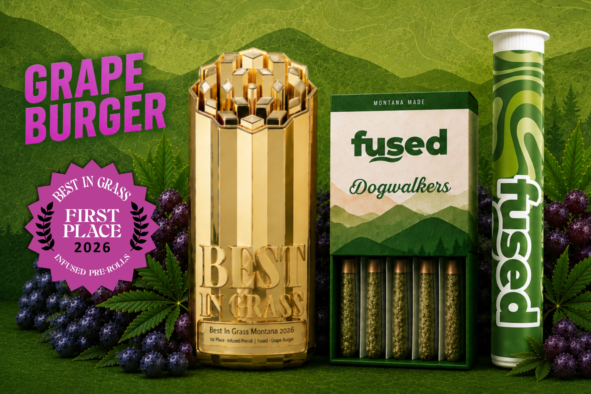 Two infused pre-rolls and a green swirl tube with text about winning Montana 2026 best infused pre-rolls.