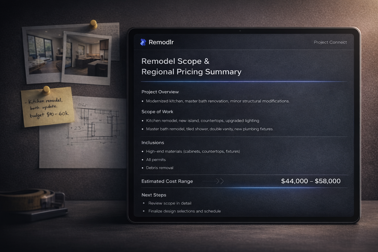 Tablet showing Remodel Scope & Regional Pricing Summary with project overview, scope of work, inclusions, estimated cost range $44,000 – $58,000, and next steps; background has pinned photos, notes, and a sketch.
