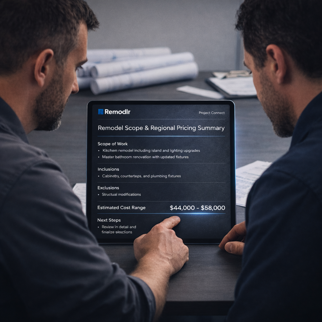 A woman and a man seated at a table reviewing digital project summaries on a tablet and laptop, showing kitchen remodel scope and cost estimates.