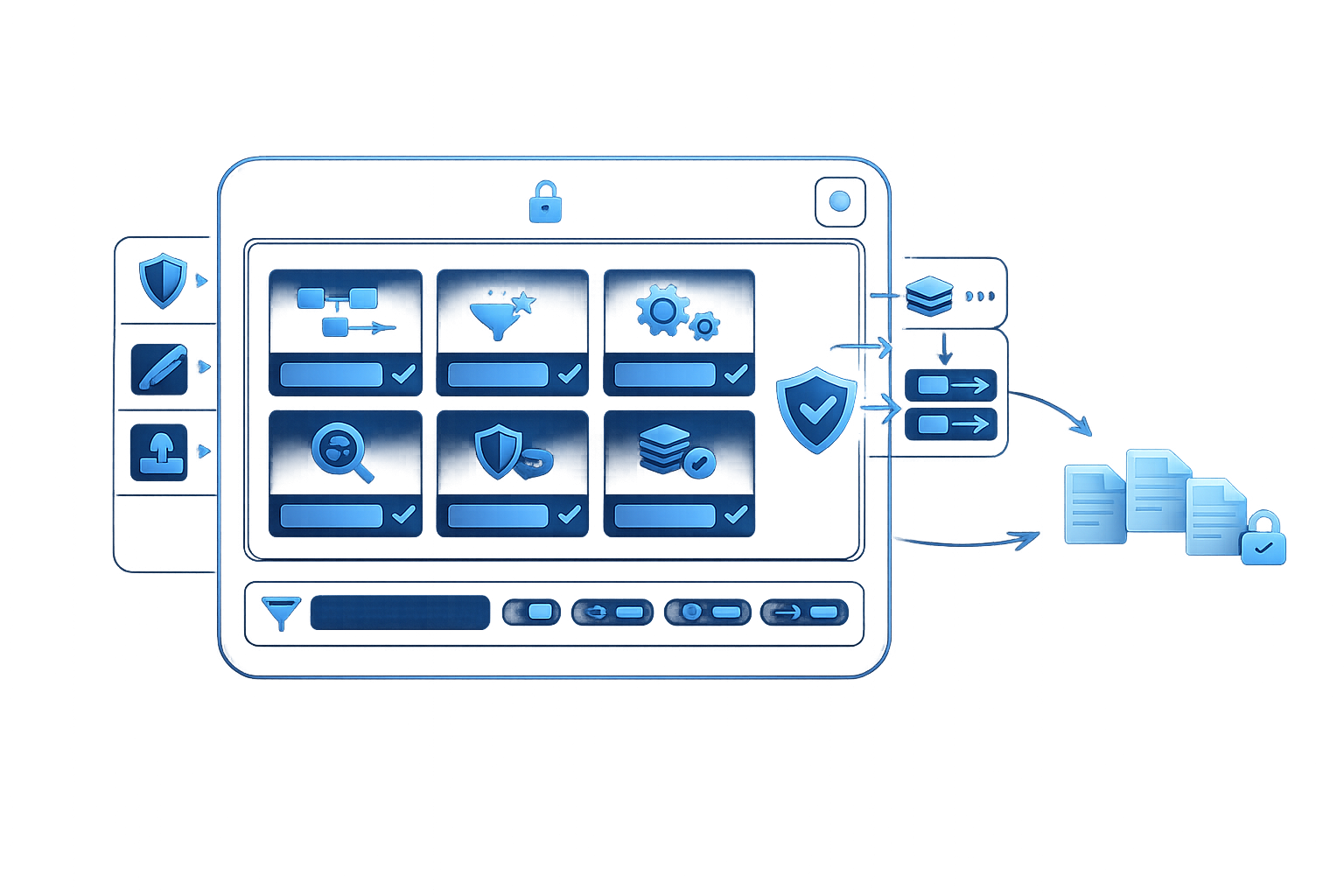 Dark-mode governance console illustration showing approved workflow tiles with lock and check icons, version/diff rail with review checkpoint, reference filter toggles, role-based permission controls, and arrows to standardized published document outputs.