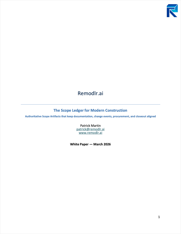 White paper cover preview: ‘Remodlr.ai — The Scope Ledger for Modern Construction’ (March 2026).