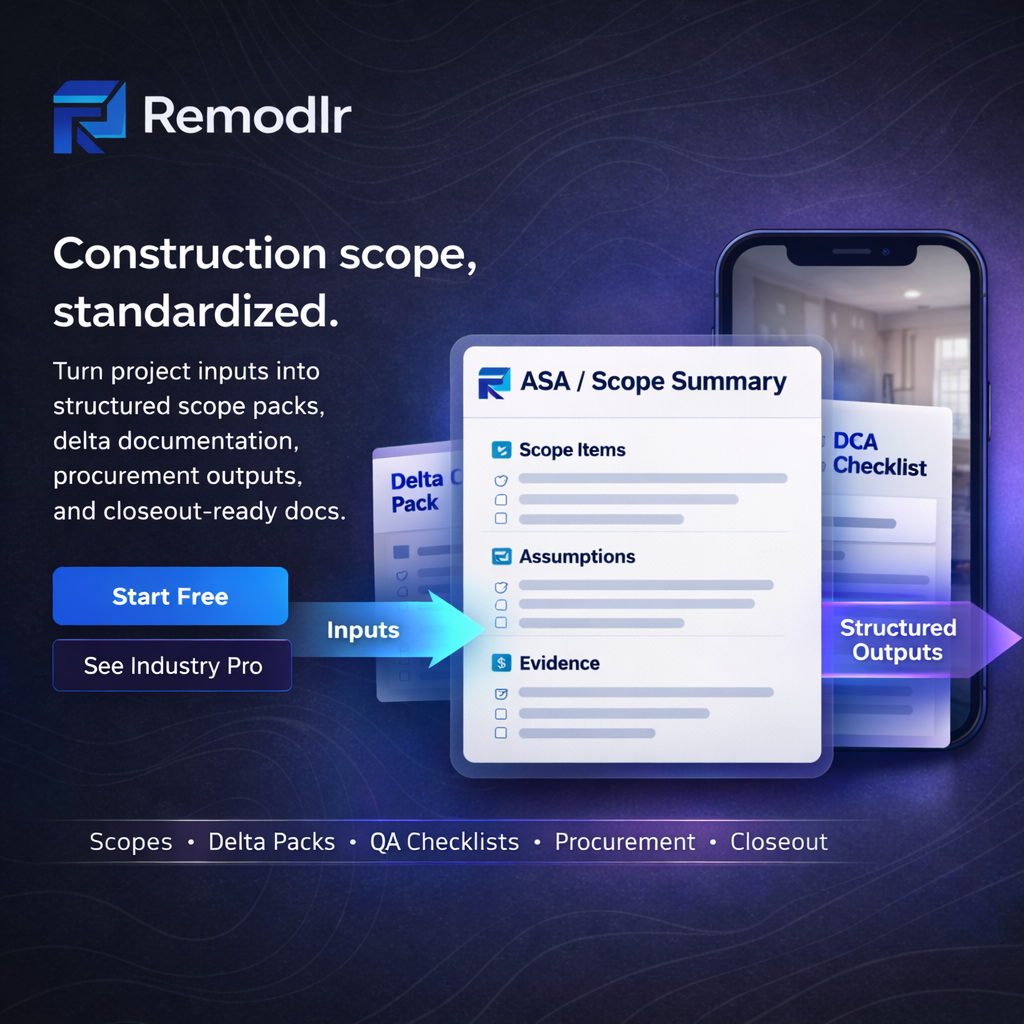 Diagram showing inputs like Assumptions, Site Photos, Estimates, and Inspection Docs flowing into an Authoritative Scope Artifact labeled ASA, which generates outputs including Delta Pack, Documentation, Scope Summary, Estimate, Materials List, QA Checklist, Proposal-ready PDF, Reviewer-ready Pack, Permit/Inspection Guide, and Claim Guide.