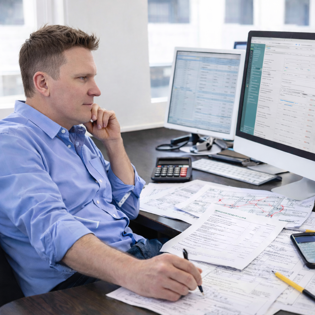 Patrick Martin reviewing construction documents and project estimates at his desk, focused on scope, pricing, and workflow details across multiple screens and papers.
