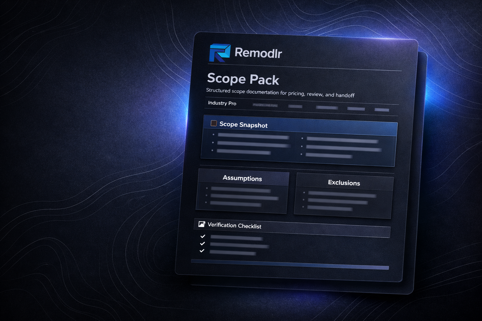 Remodlr Scope Pack document preview showing structured scope of work documentation for contractors, estimators, and project managers.