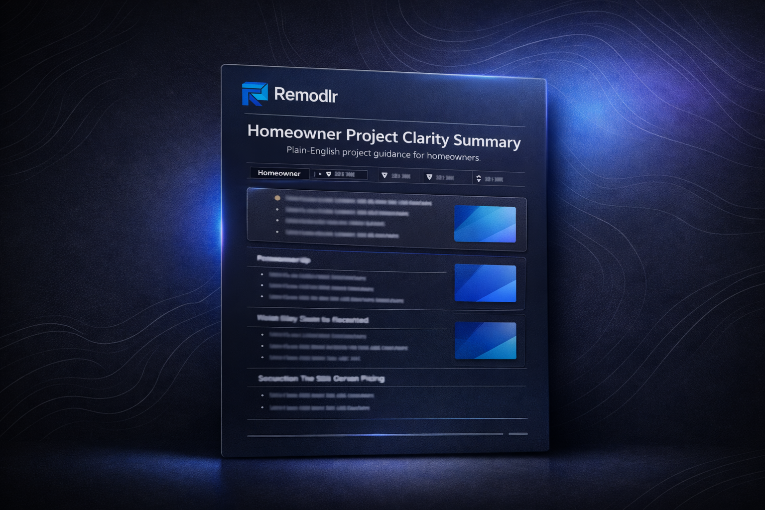 Remodlr generated Homeowner Project Clarity Summary document preview showing a structured renovation planning guide for homeowners.