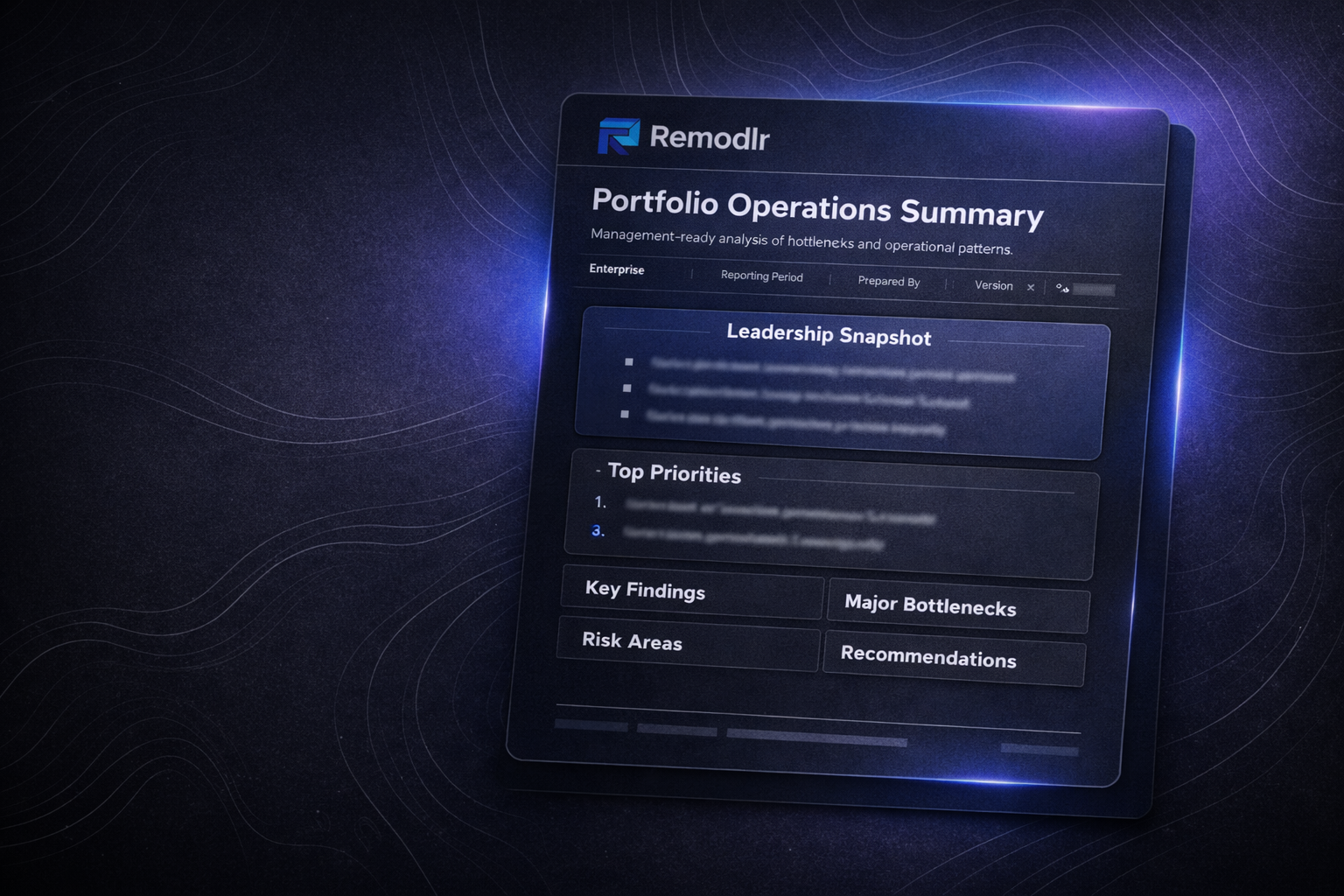 Remodlr Portfolio Operations Summary document preview showing an executive report highlighting operational bottlenecks and workflow insights.