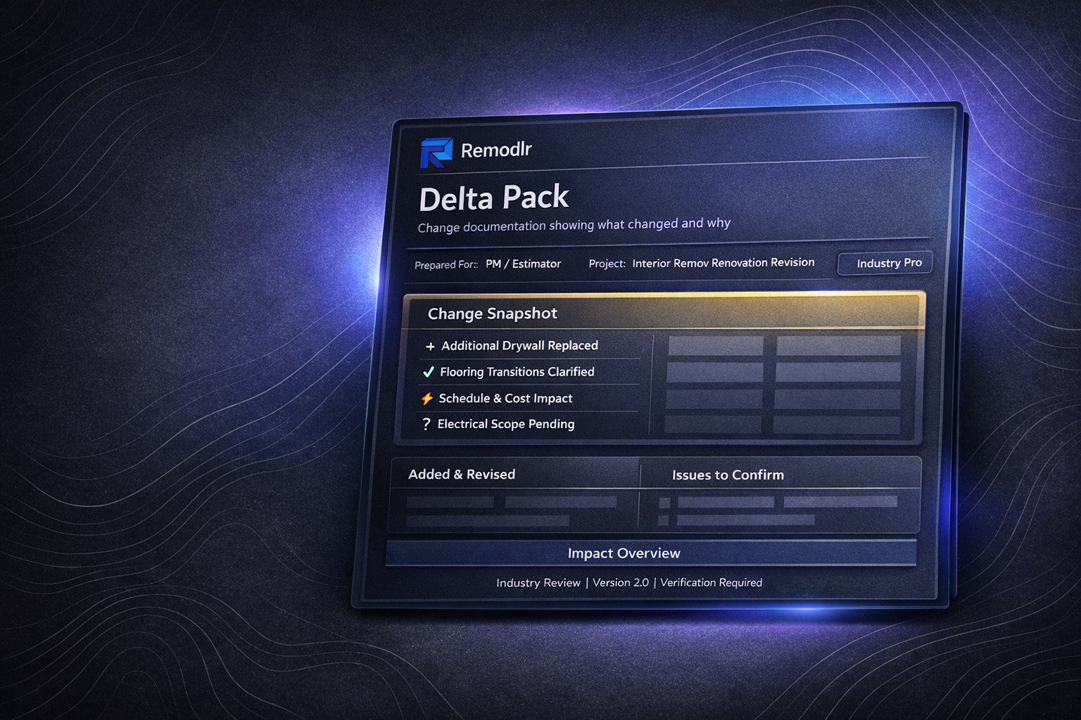 Remodlr Delta Pack document preview illustrating structured change documentation highlighting revisions and scope updates.