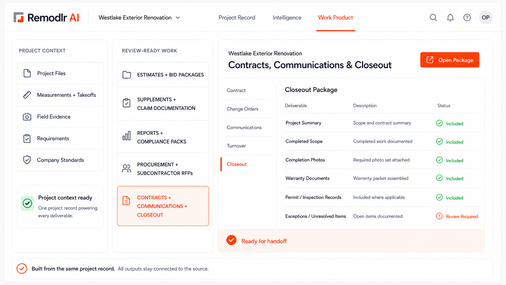 Export and controlled sharing interface for construction scope documents including PDF export, read-only link generation, audit log tracking, and access controls.
